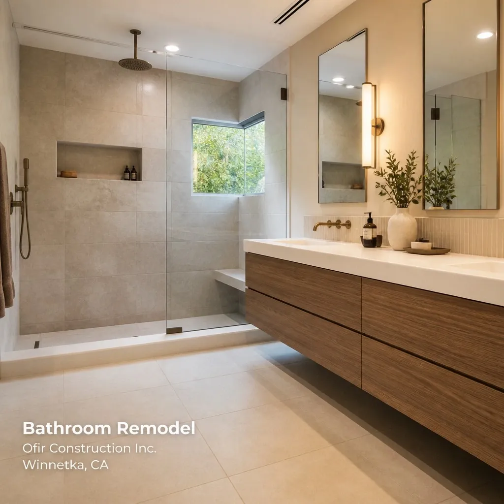 Finished bathroom with walk-in shower and tile — bathroom remodeling in Winnetka, CA