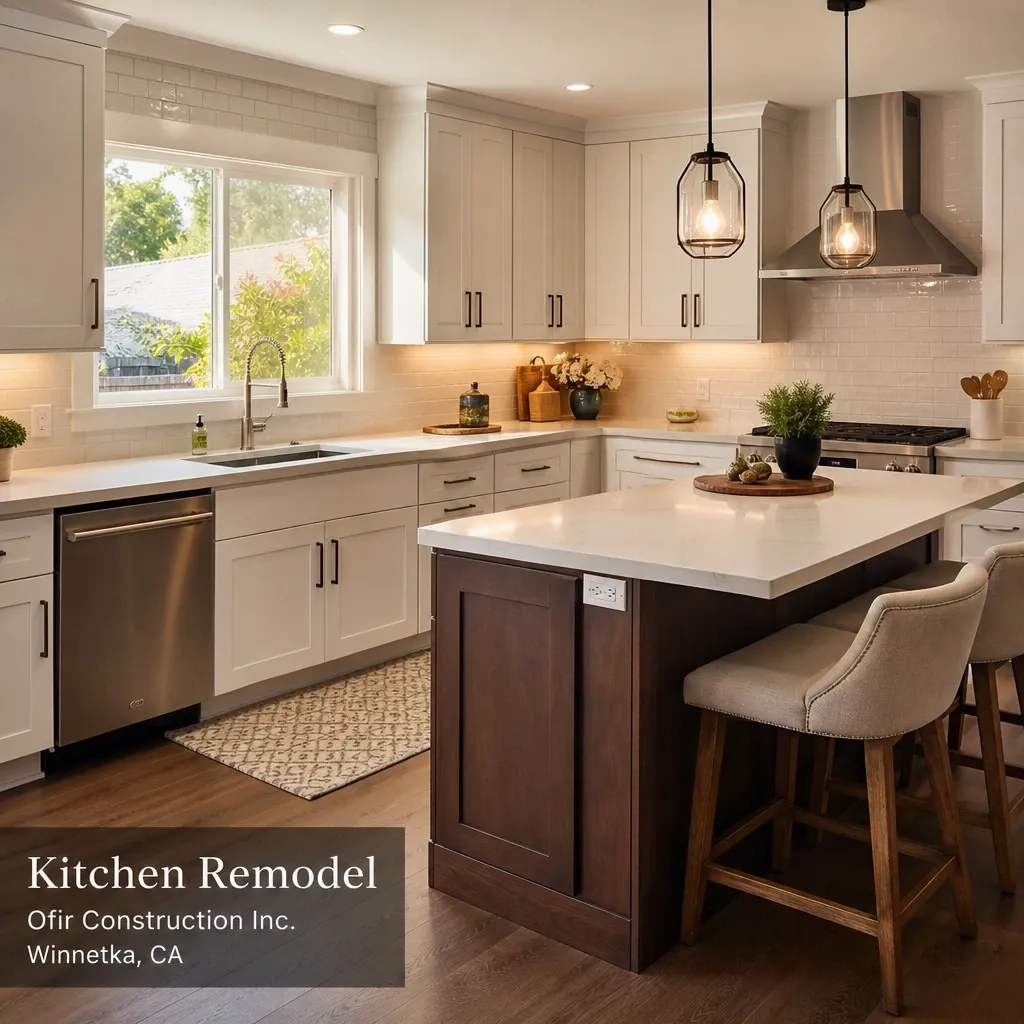 Remodeled kitchen with cabinets, counters, and island — kitchen remodeling in Winnetka, CA