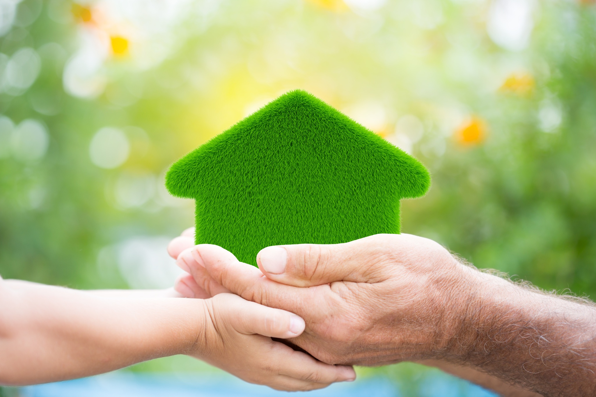 Hands of different generations hold a green house symbolizing eco friendly construction techniques in a vibrant garden setting