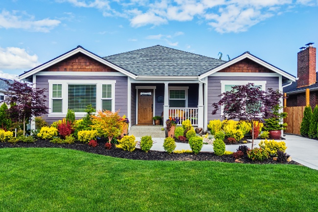 Beautiful residential landscaping enhances the charm of a modern home with vibrant flowers and lush greenery