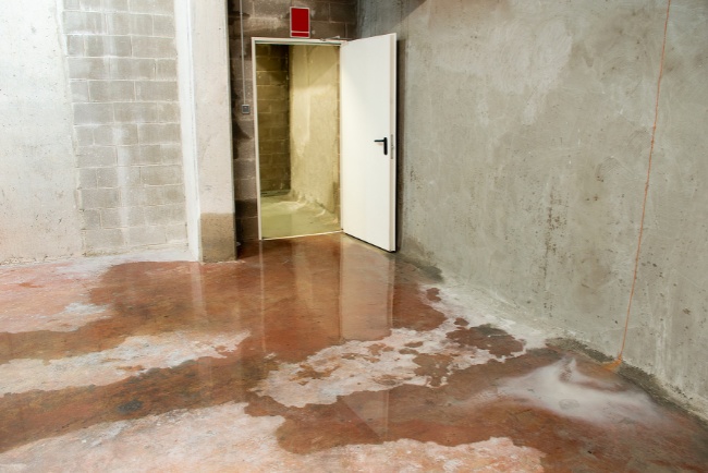 Water damage repair in an unfinished basement showcasing flooding and potential restoration efforts