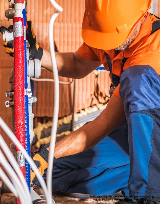 Drain cleaning services with assorted plumbing fittings organized on a wooden table for easy access